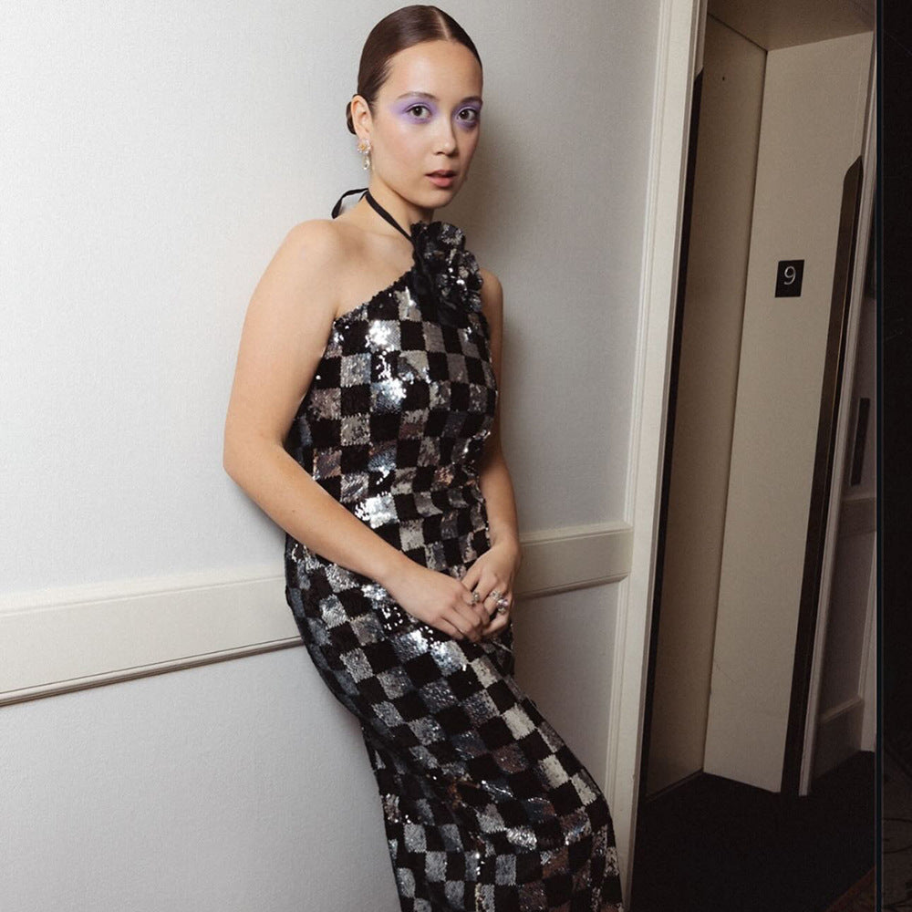 Spring Maxi Dress Women Black White Plaid Sequin Stitching Dress Halter Floral Dress Bella Mia